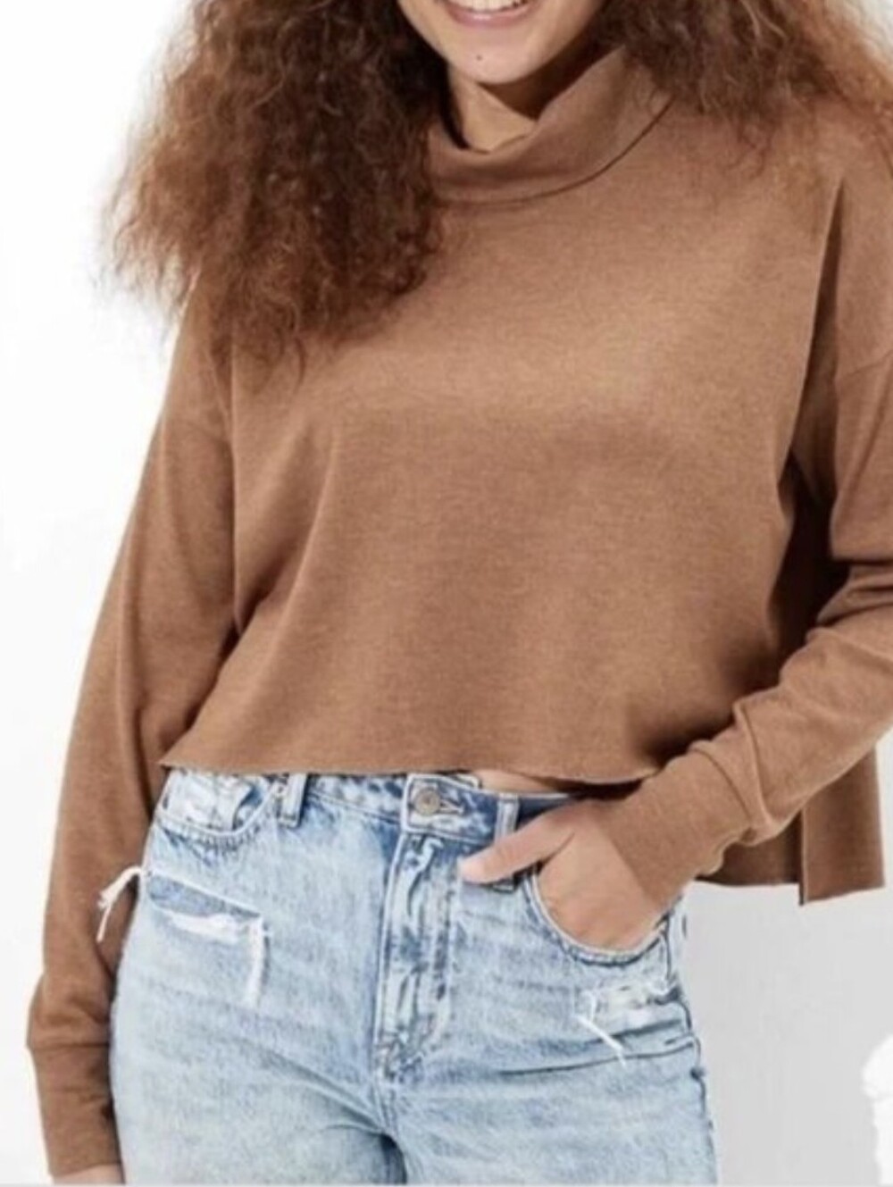American Eagle Brown Waffle Knit Cropped Cowl Neck Boxy Fit L/S Sweater Large L